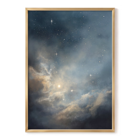Celestial Drift, blue, gray, gold nature wall art, front artwork view