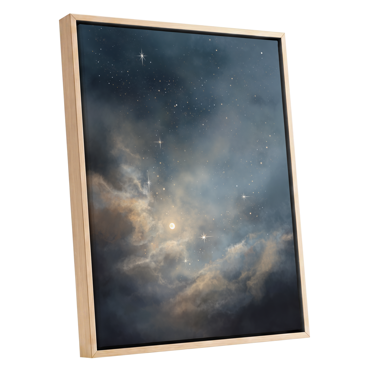 Celestial Drift, blue, gray, gold nature wall art shown as a oak framed canvas wall art