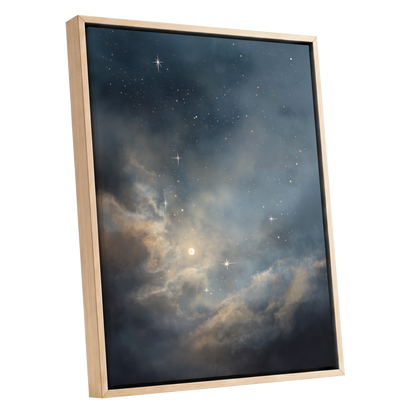 Celestial Drift, blue, gray, gold nature wall art shown as a oak framed canvas wall art