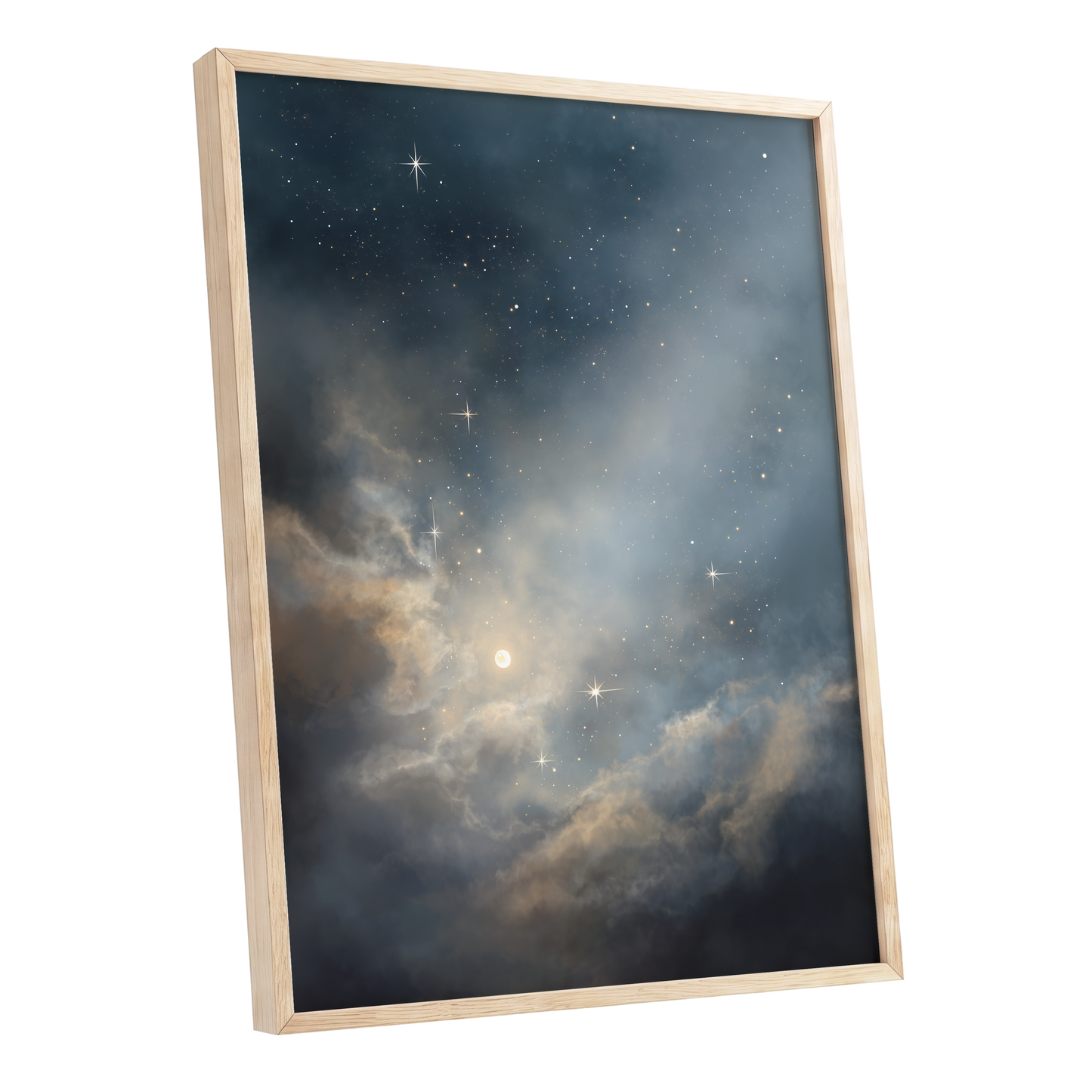 Celestial Drift, blue, gray, gold nature wall art shown as a oak framed poster wall art print