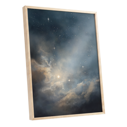 Celestial Drift, blue, gray, gold nature wall art shown as a oak framed poster wall art print