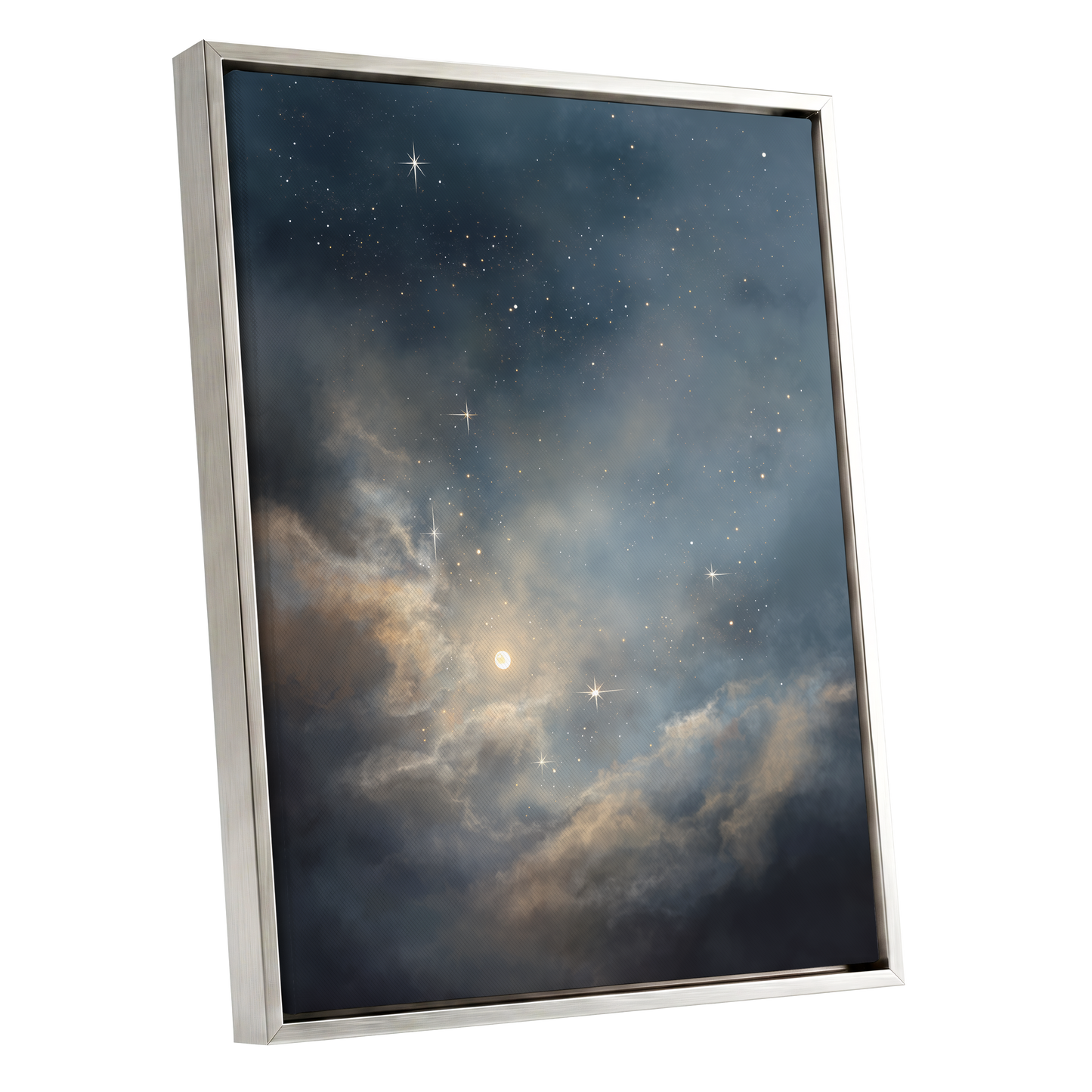 Celestial Drift, blue, gray, gold nature wall art shown as a silver framed canvas wall art