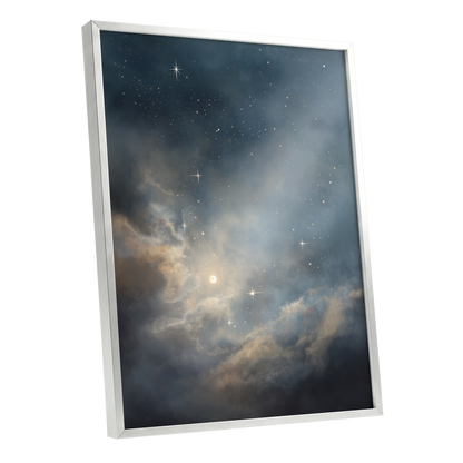 Celestial Drift, blue, gray, gold nature wall art shown as a silver framed poster wall art print