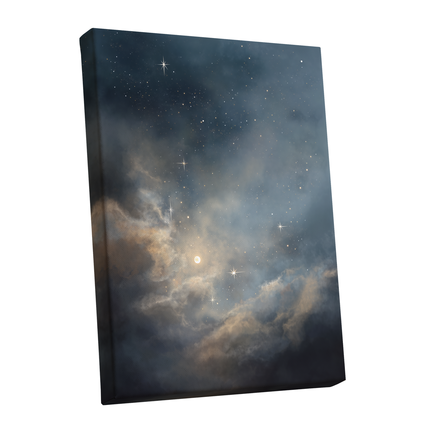Celestial Drift, blue, gray, gold nature wall art shown as a stretched canvas wall art
