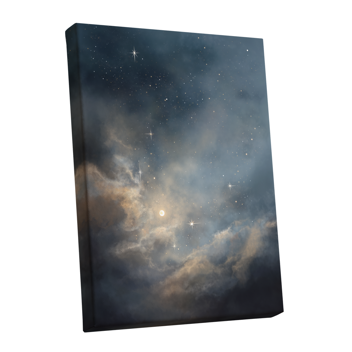 Celestial Drift, blue, gray, gold nature wall art shown as a stretched canvas wall art