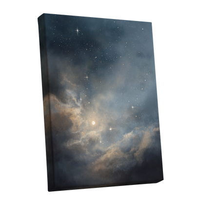 Celestial Drift, blue, gray, gold nature wall art shown as a stretched canvas wall art