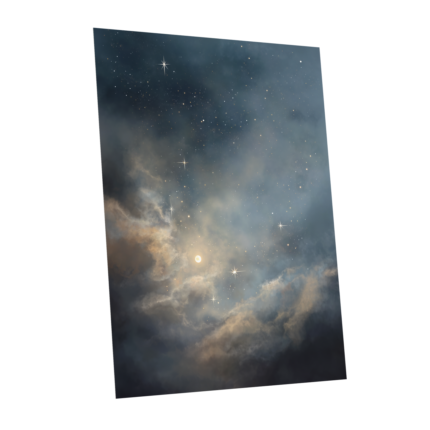 Celestial Drift, blue, gray, gold nature wall art shown as a unframed poster wall art print