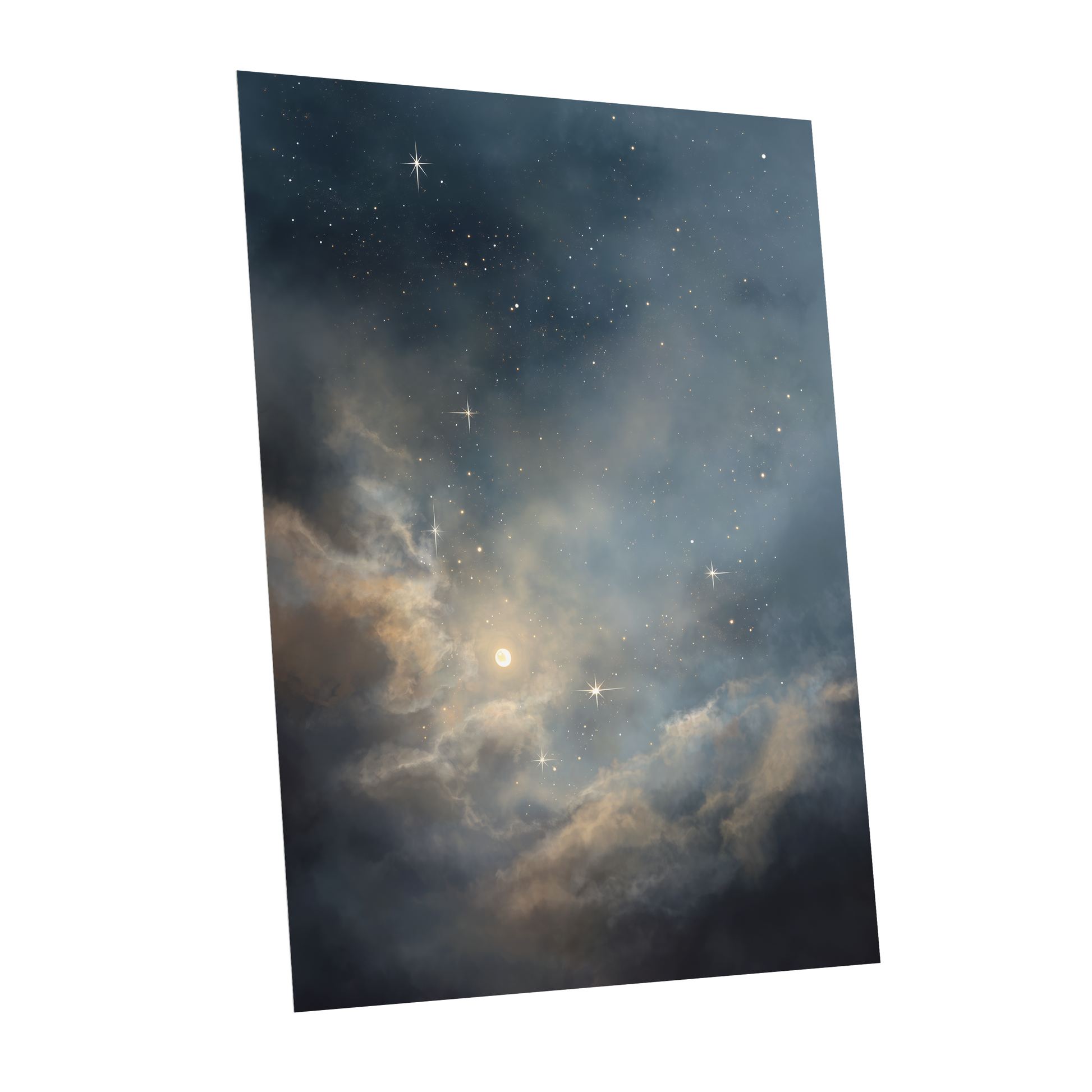 Celestial Drift, blue, gray, gold nature wall art shown as a unframed poster wall art print
