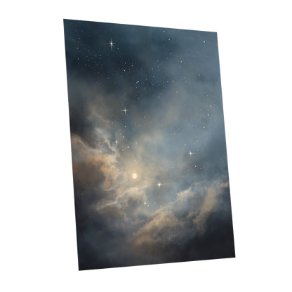 Celestial Drift, blue, gray, gold nature wall art shown as a unframed poster wall art print