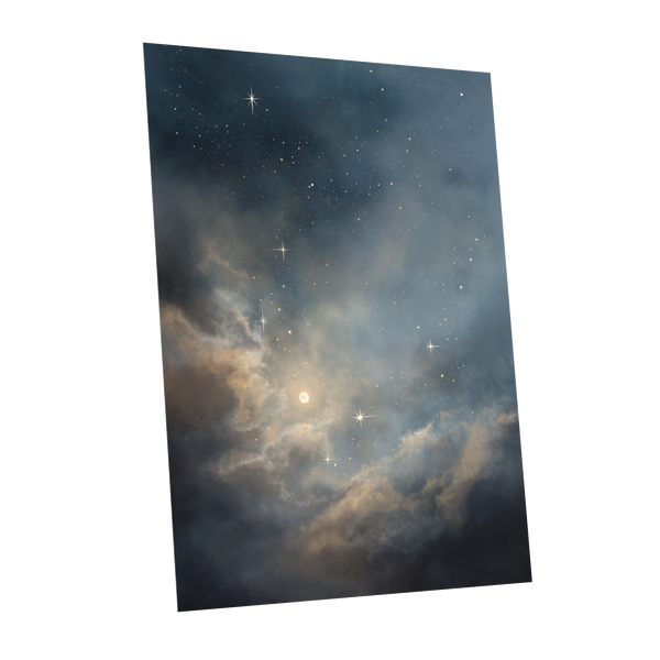 Celestial Drift, blue, gray, gold nature wall art shown as a unframed poster wall art print
