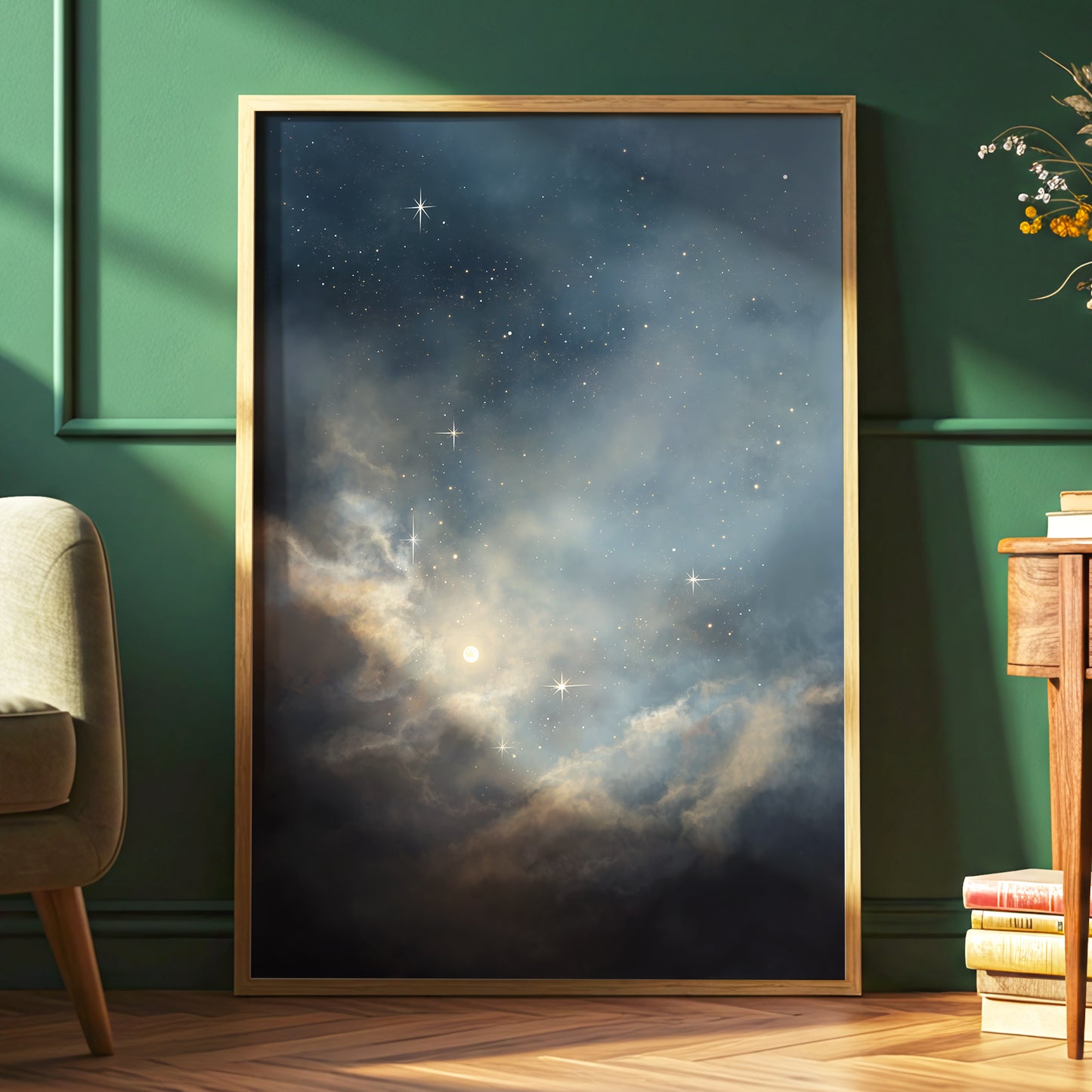 Celestial Drift, blue, gray, gold nature wall art displayed in a styled interior, gallery view 2