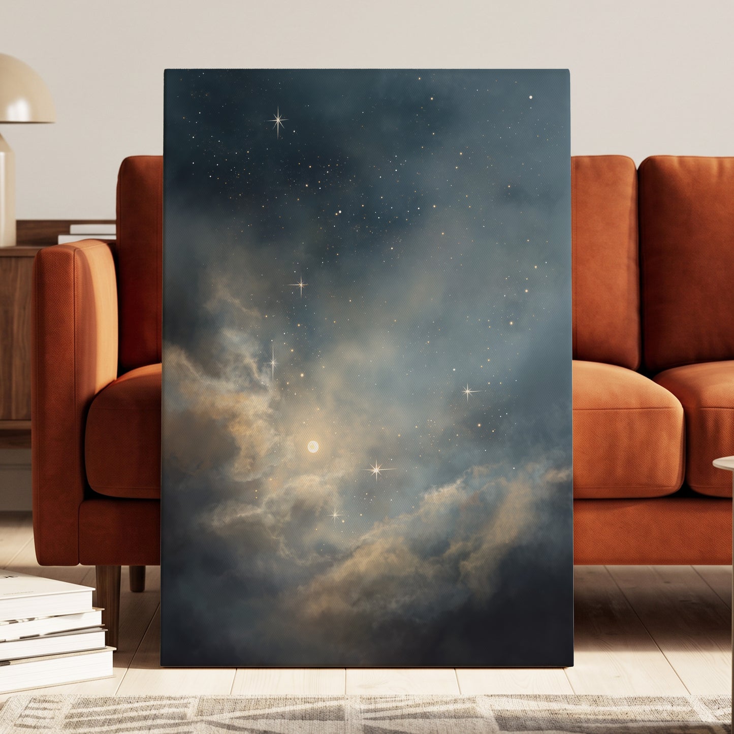 Celestial Drift, blue, gray, gold nature wall art displayed in a styled interior, gallery view 3
