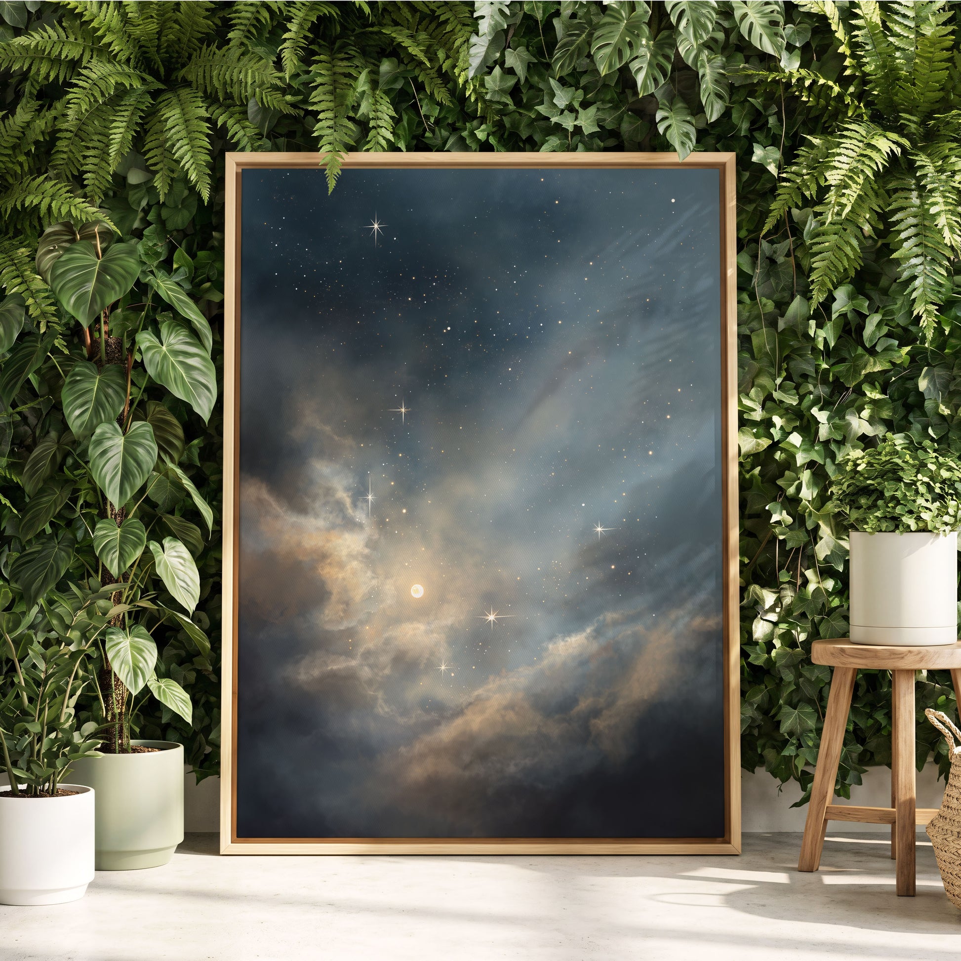Celestial Drift, blue, gray, gold nature wall art displayed in a styled interior, gallery view 4