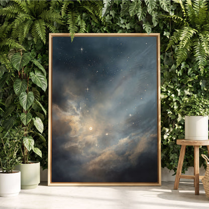 Celestial Drift, blue, gray, gold nature wall art displayed in a styled interior, gallery view 4
