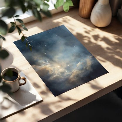 Celestial Drift, blue, gray, gold nature wall art displayed in a styled interior, gallery view 5
