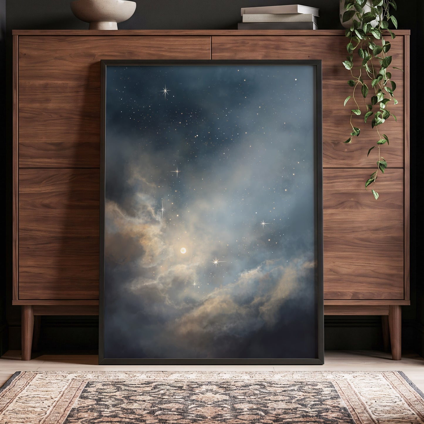Celestial Drift, blue, gray, gold nature wall art displayed in a styled interior, gallery view 6