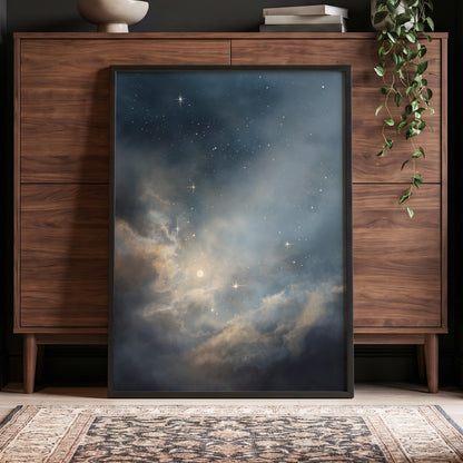 Celestial Drift, blue, gray, gold nature wall art displayed in a styled interior, gallery view 6