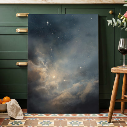 Celestial Drift, blue, gray, gold nature wall art displayed in a styled interior, gallery view 7