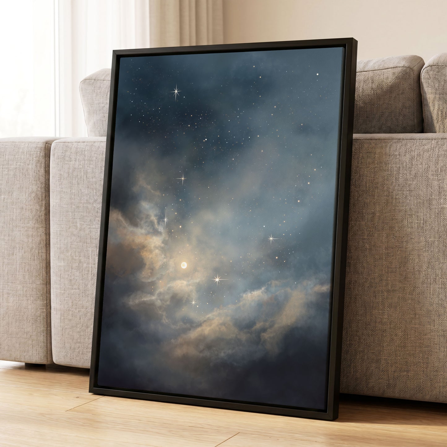 Celestial Drift, blue, gray, gold nature wall art displayed in a styled interior, gallery view 8