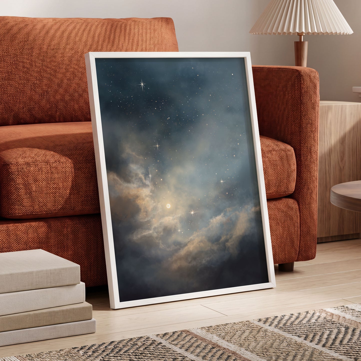 Celestial Drift, blue, gray, gold nature wall art displayed in a styled interior, gallery view 9