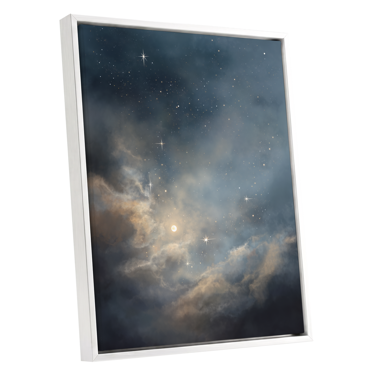 Celestial Drift, blue, gray, gold nature wall art shown as a white framed canvas wall art