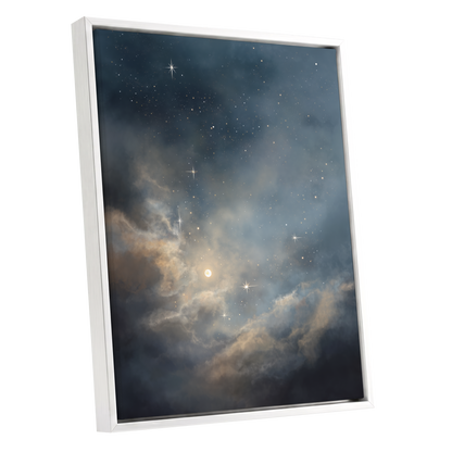 Celestial Drift, blue, gray, gold nature wall art shown as a white framed canvas wall art