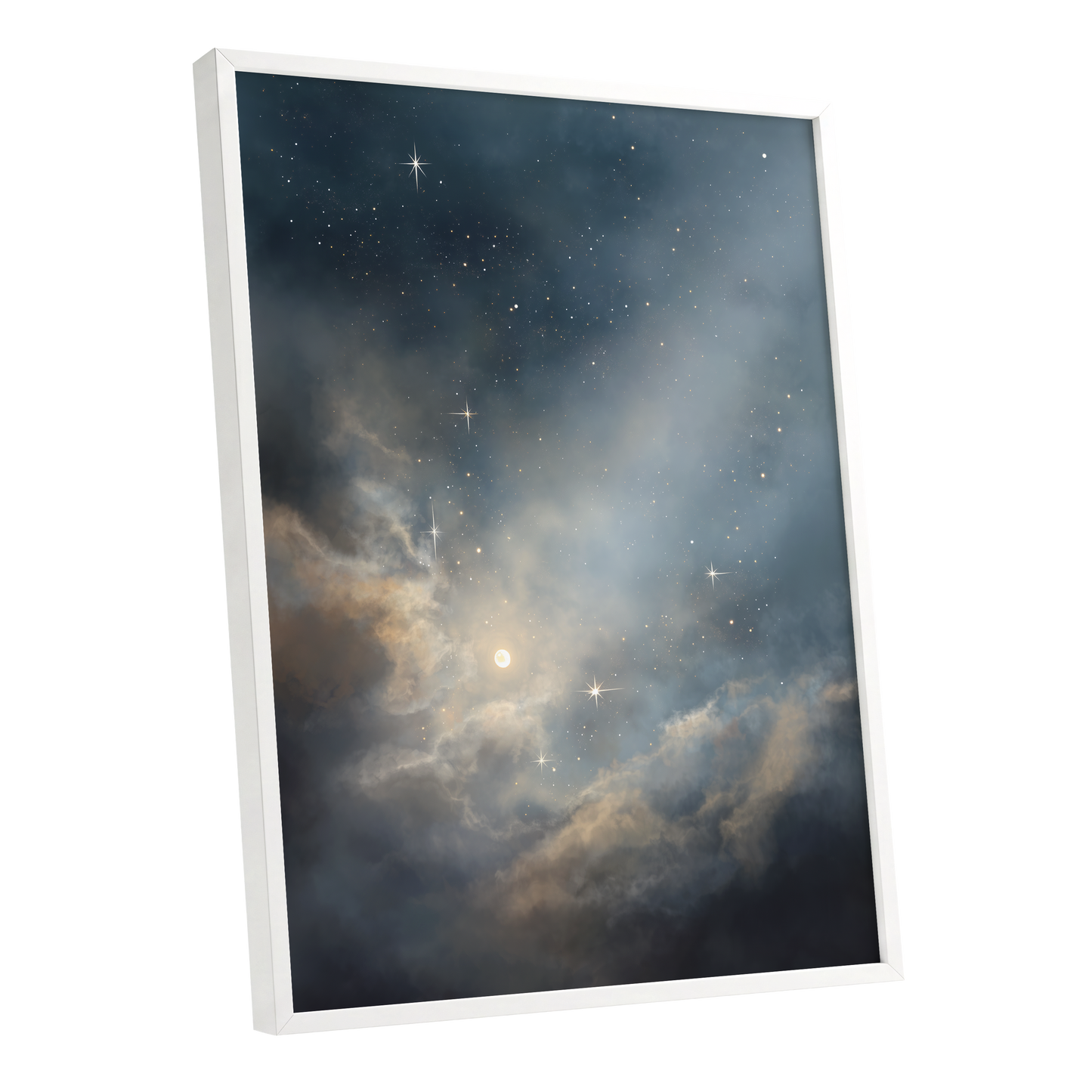 Celestial Drift, blue, gray, gold nature wall art shown as a white framed poster wall art print