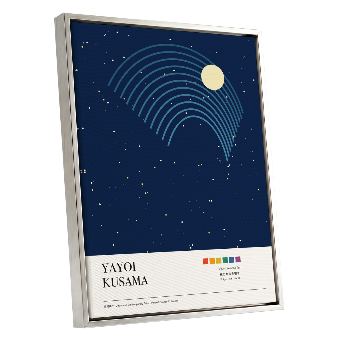 Celestial Echoes, blue, beige, gold nature wall art shown as a silver framed canvas wall art