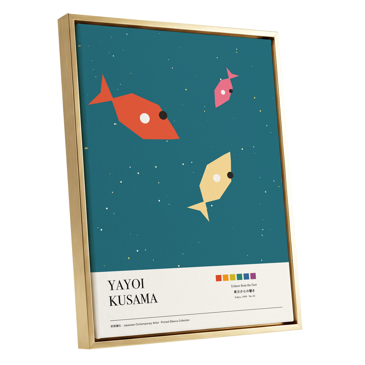 Celestial Shoal, green, beige, orange nature wall art shown as a gold framed canvas wall art