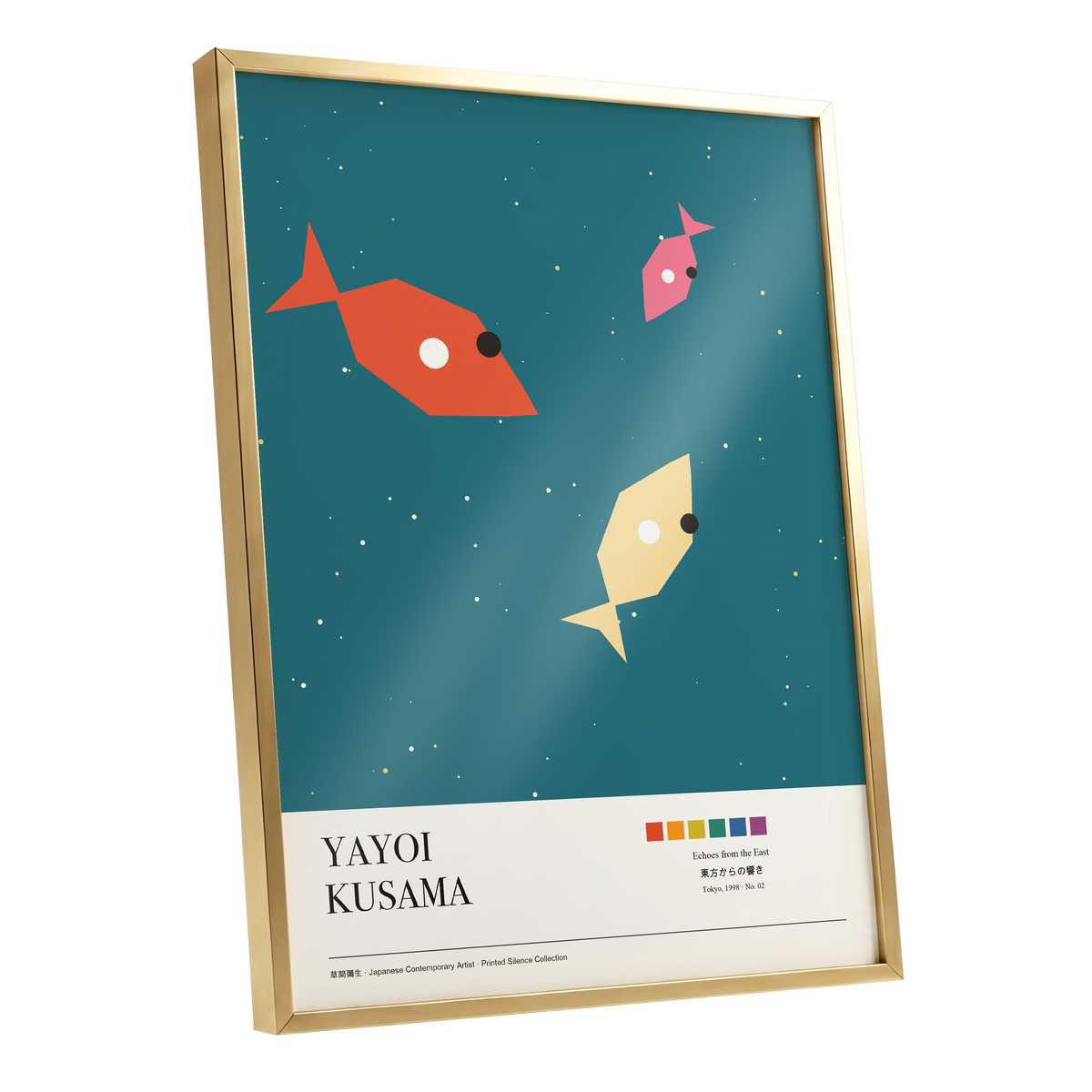 Celestial Shoal, green, beige, orange nature wall art shown as a gold framed poster wall art print