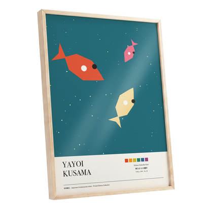 Celestial Shoal, green, beige, orange nature wall art shown as a oak framed poster wall art print