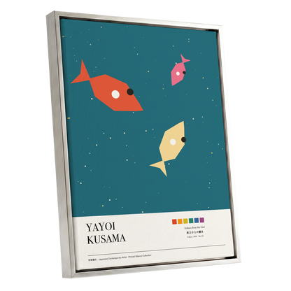 Celestial Shoal, green, beige, orange nature wall art shown as a silver framed canvas wall art