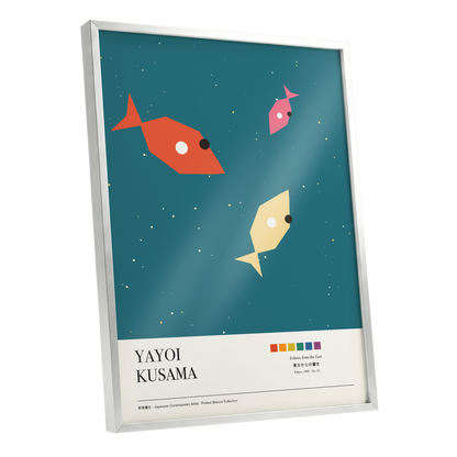 Celestial Shoal, green, beige, orange nature wall art shown as a silver framed poster wall art print