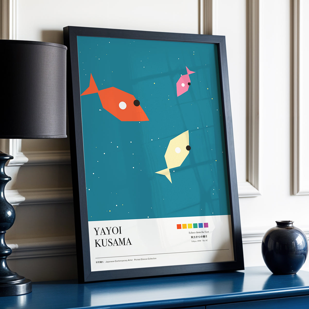 Celestial Shoal, green, beige, orange nature wall art displayed in a styled interior, gallery view 3