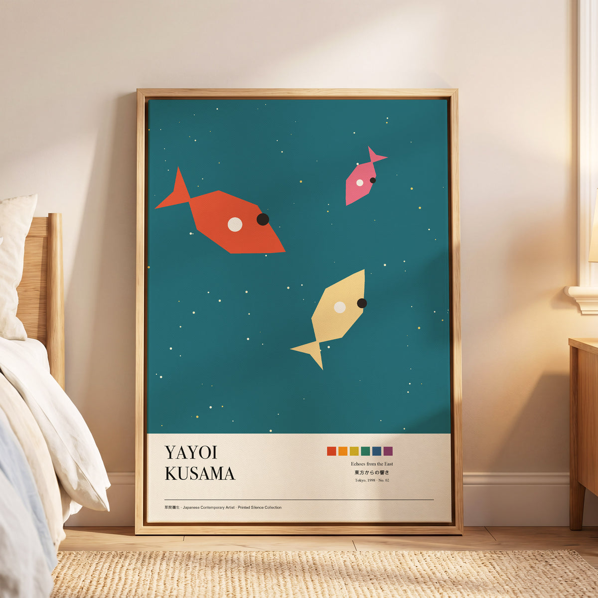 Celestial Shoal, green, beige, orange nature wall art displayed in a styled interior, gallery view 6