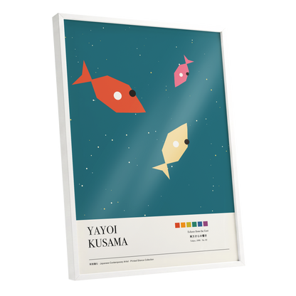 Celestial Shoal, green, beige, orange nature wall art shown as a white framed poster wall art print