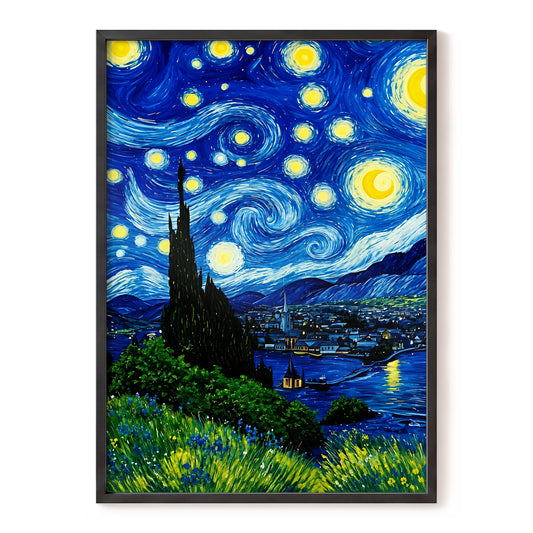 Celestial Village, blue, yellow, green nature wall art, front artwork view