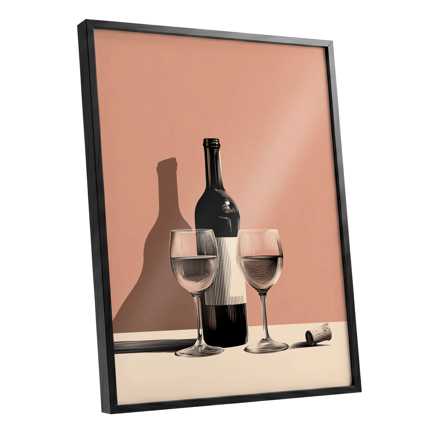 Cellar Shadows, black, pink, beige minimalist wall art shown as a black framed poster wall art print