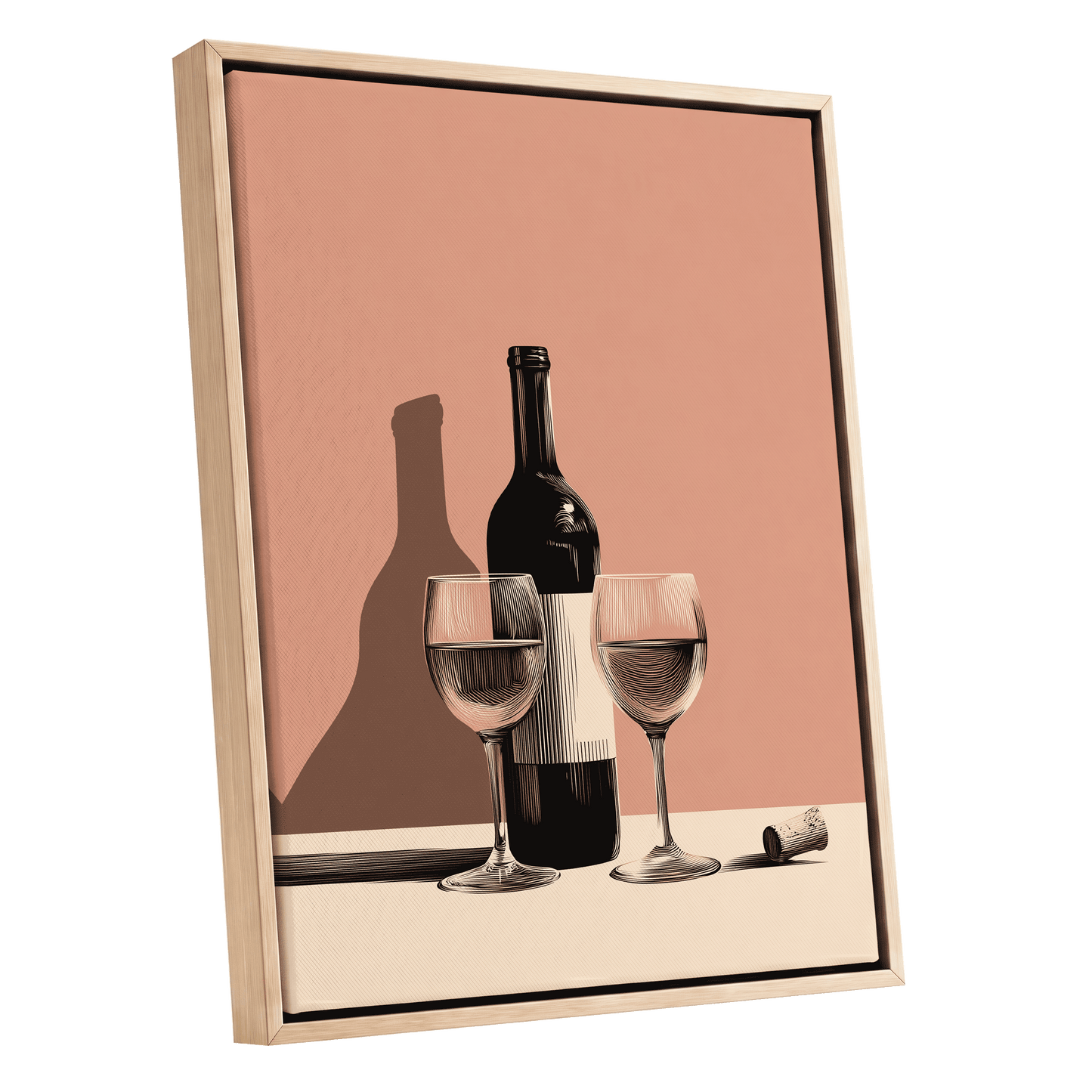 Cellar Shadows, black, pink, beige minimalist wall art shown as a oak framed canvas wall art