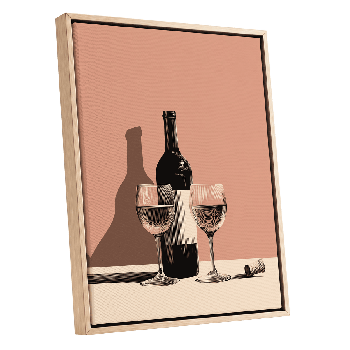Cellar Shadows, black, pink, beige minimalist wall art shown as a oak framed canvas wall art