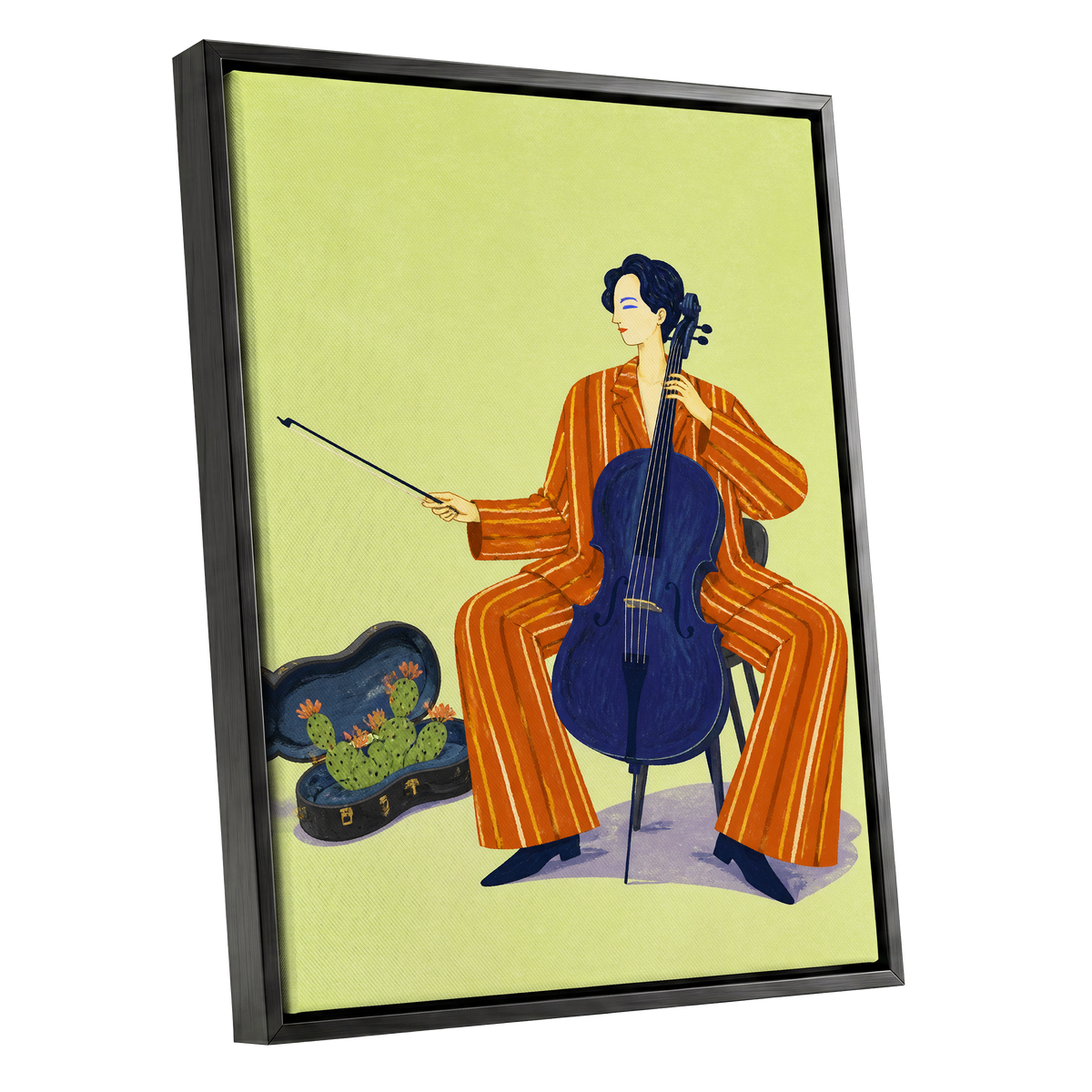 Cello in Citrus, green, orange, blue minimalist wall art shown as a black framed canvas wall art