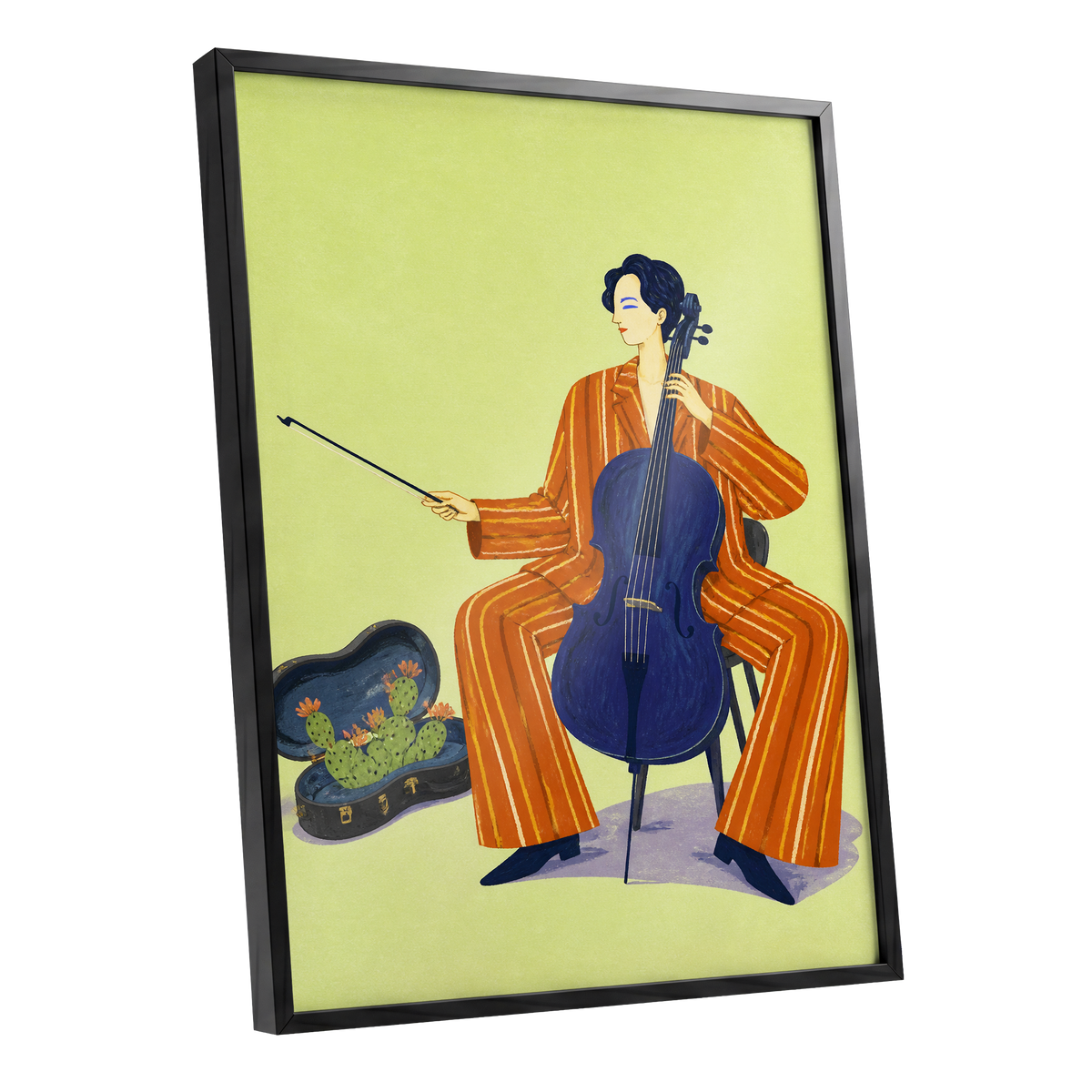 Cello in Citrus, green, orange, blue minimalist wall art shown as a black framed poster wall art print
