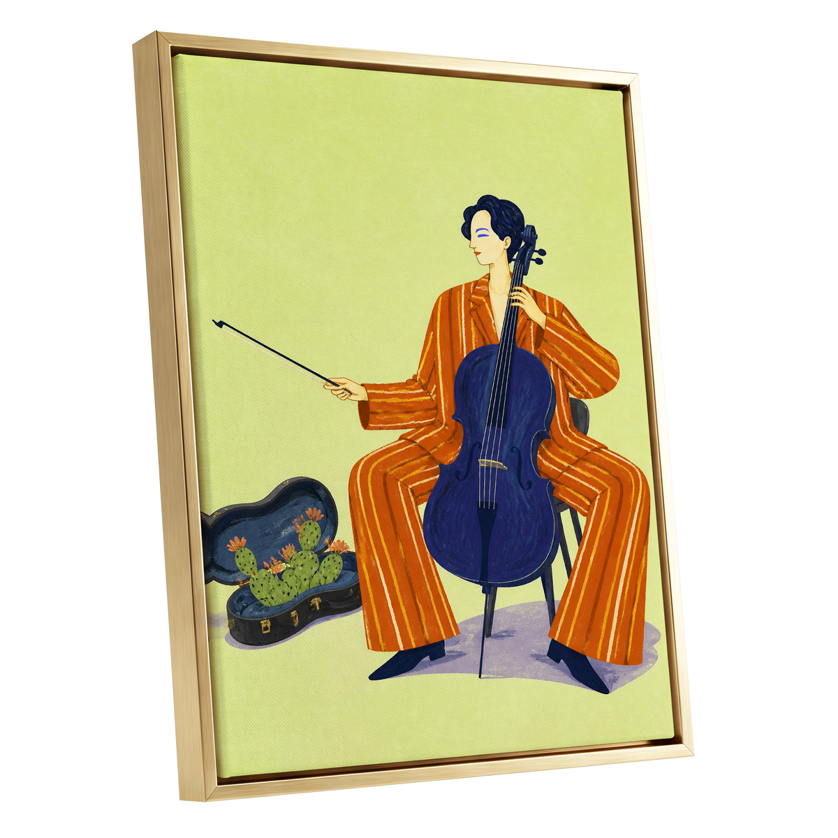 Cello in Citrus, green, orange, blue minimalist wall art shown as a gold framed canvas wall art