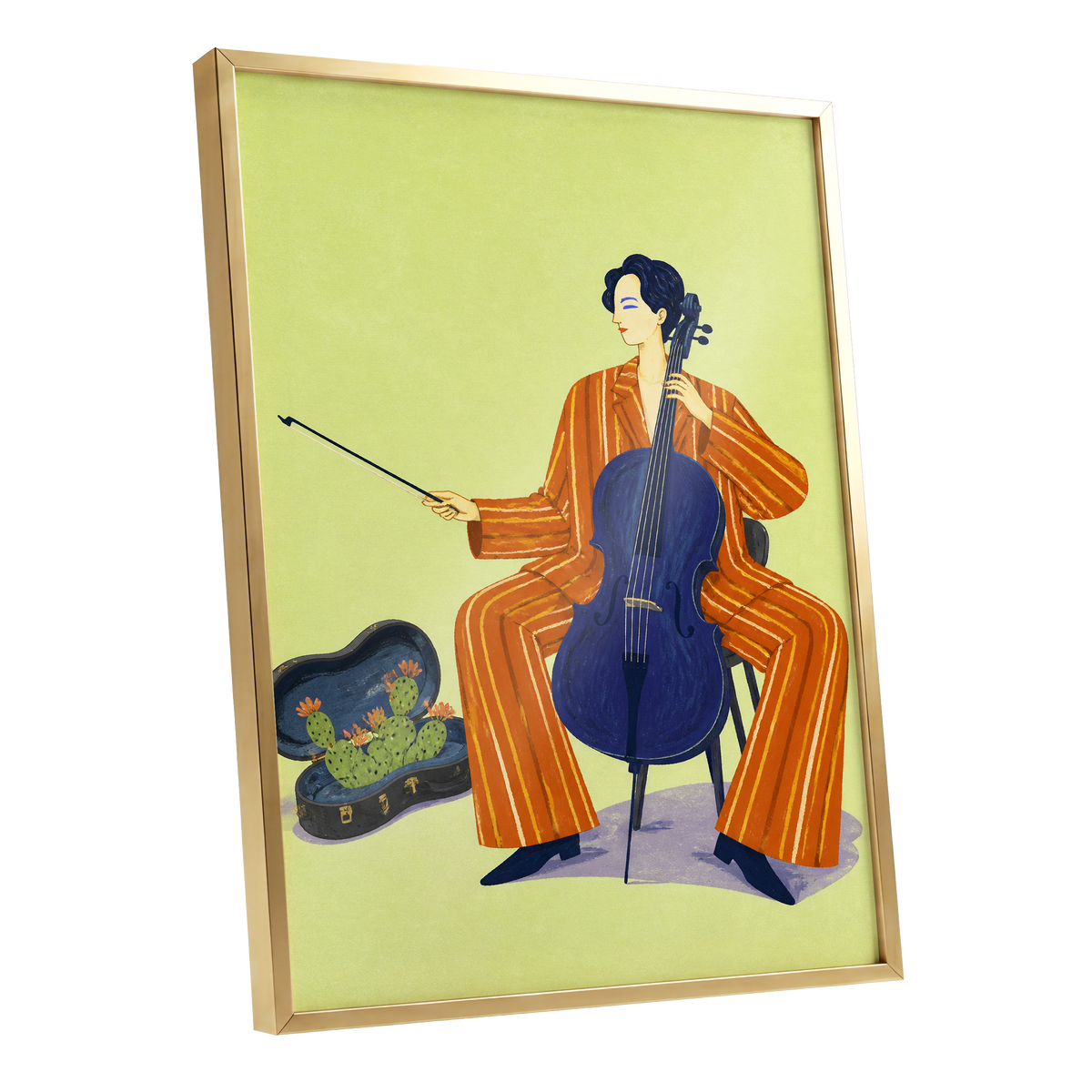 Cello in Citrus, green, orange, blue minimalist wall art shown as a gold framed poster wall art print