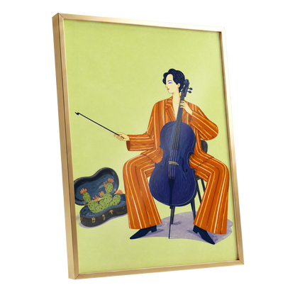 Cello in Citrus, green, orange, blue minimalist wall art shown as a gold framed poster wall art print