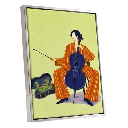 Cello in Citrus, green, orange, blue minimalist wall art shown as a silver framed canvas wall art