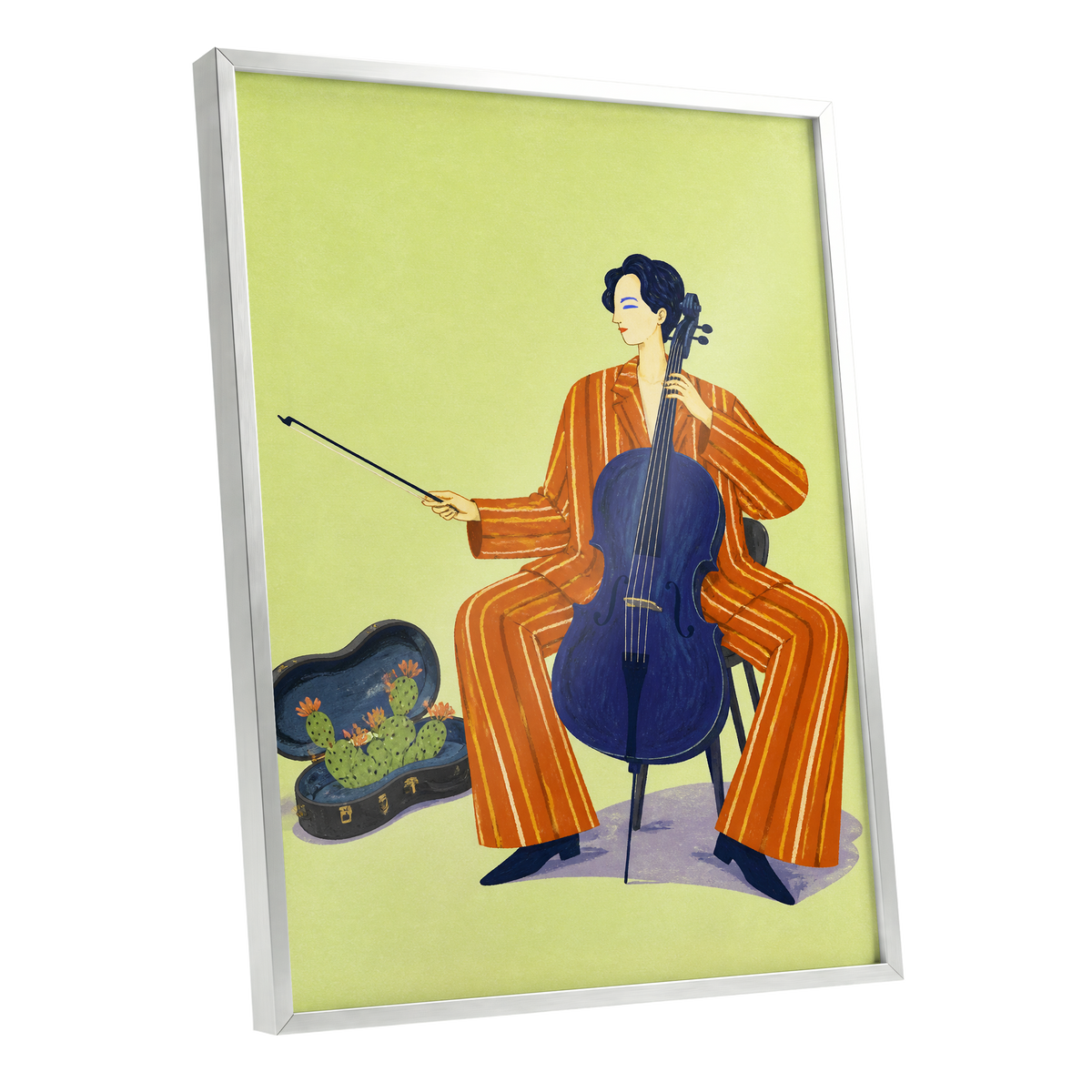Cello in Citrus, green, orange, blue minimalist wall art shown as a silver framed poster wall art print