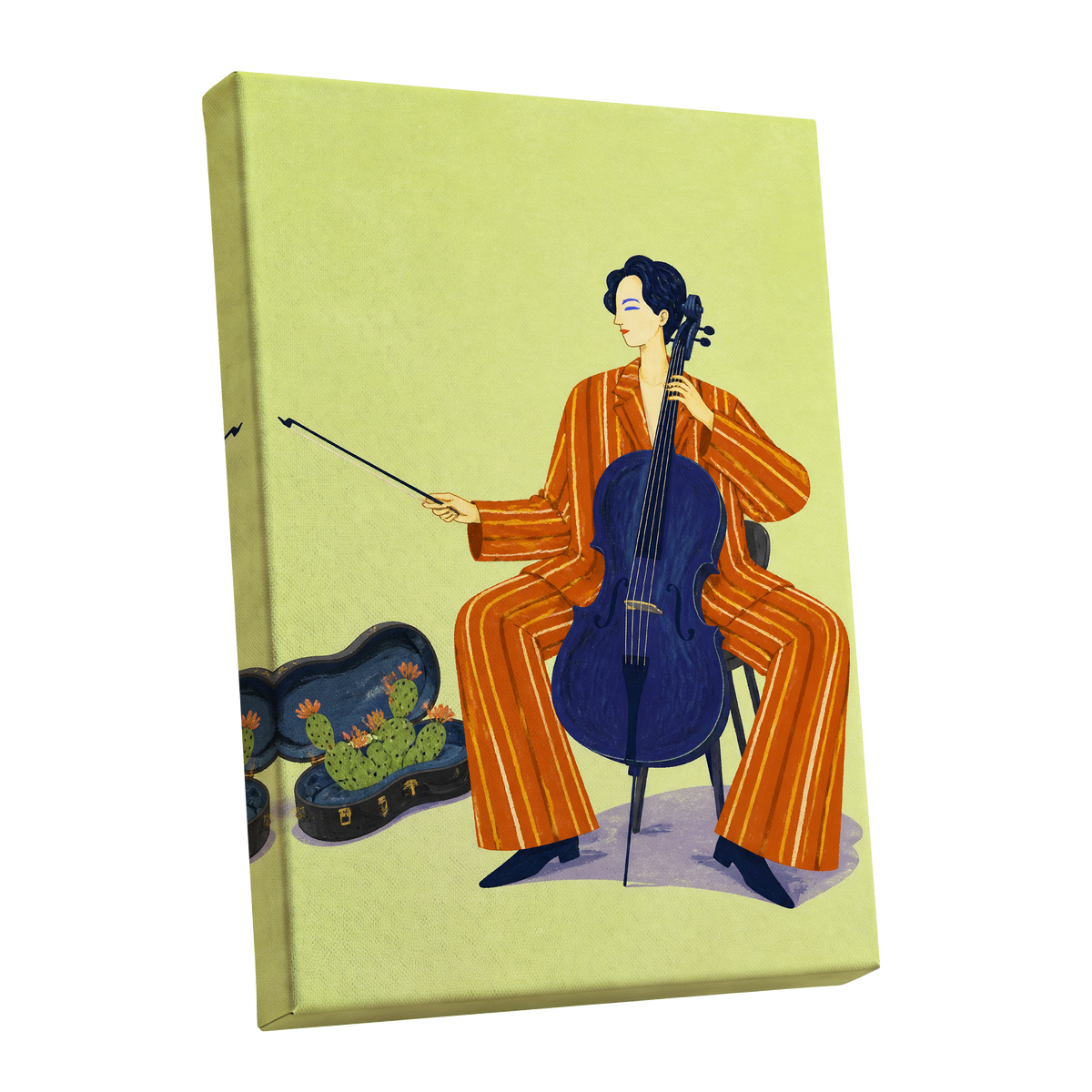 Cello in Citrus, green, orange, blue minimalist wall art shown as a stretched canvas wall art