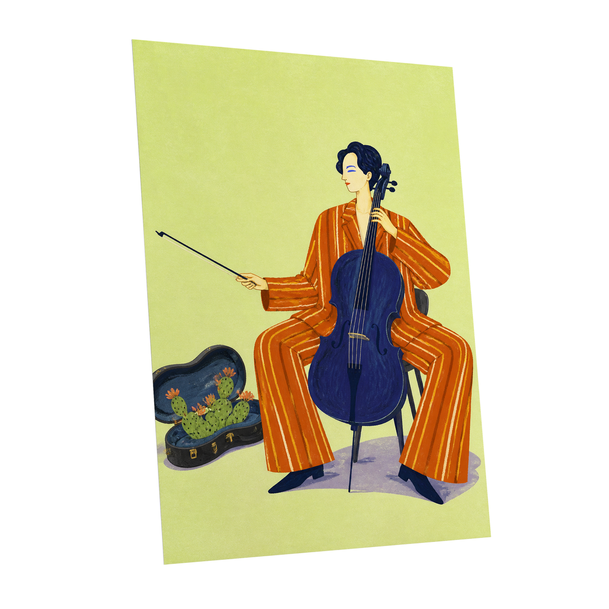 Cello in Citrus, green, orange, blue minimalist wall art shown as a unframed poster wall art print
