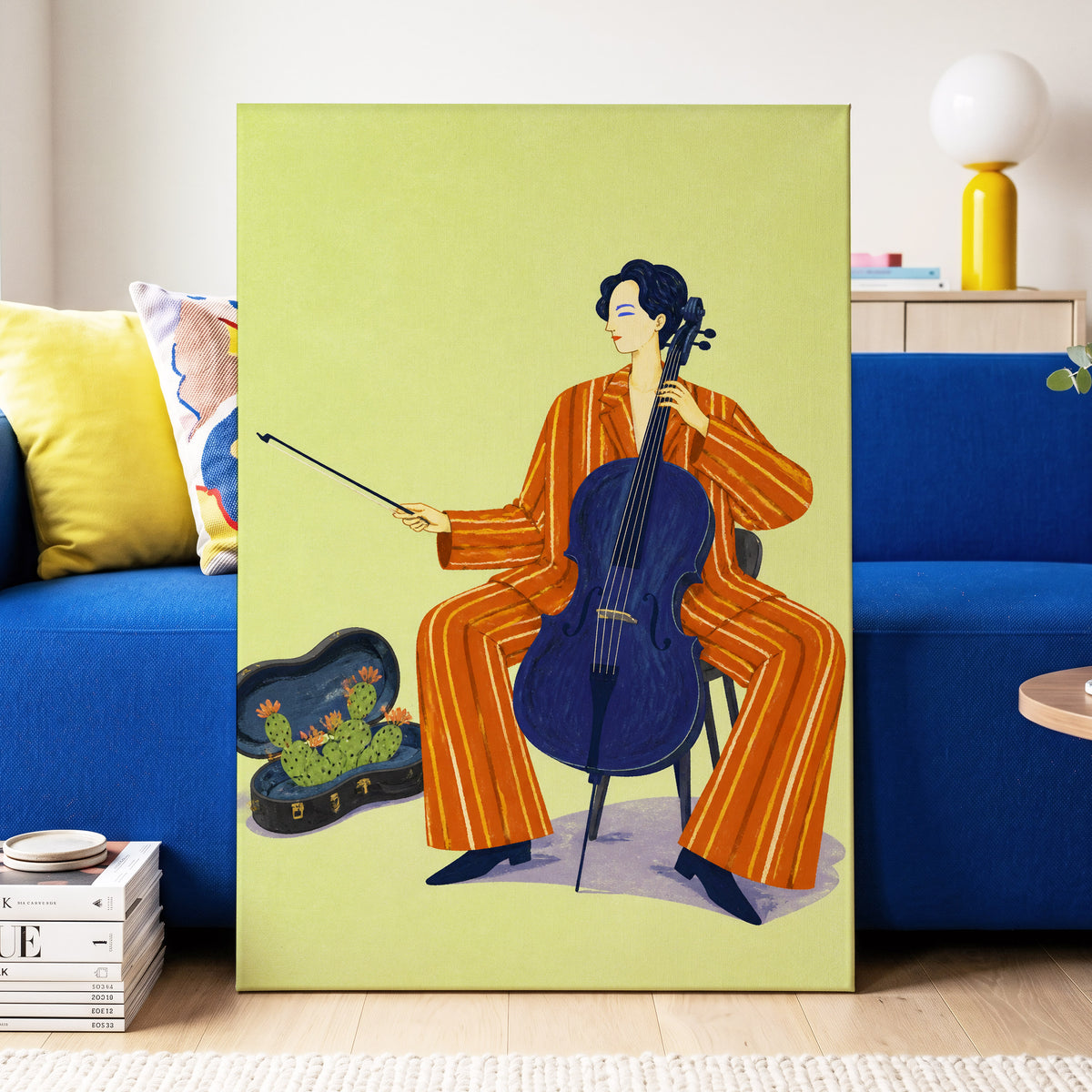 Cello in Citrus, green, orange, blue minimalist wall art displayed in a styled interior, gallery view 3